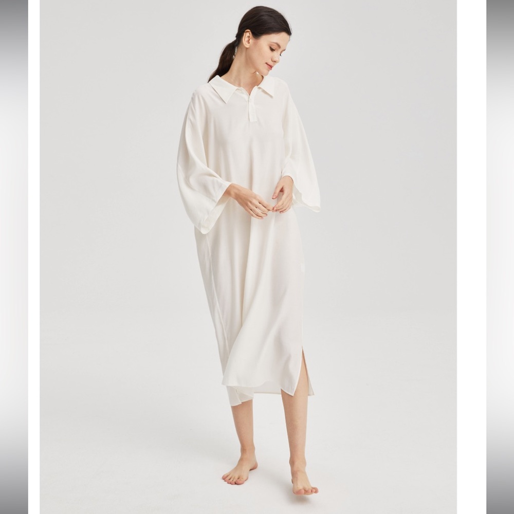 NWT Nap Loungewear Collar Midi Shift Dress Nightgown XS-XL One Size Sheer White